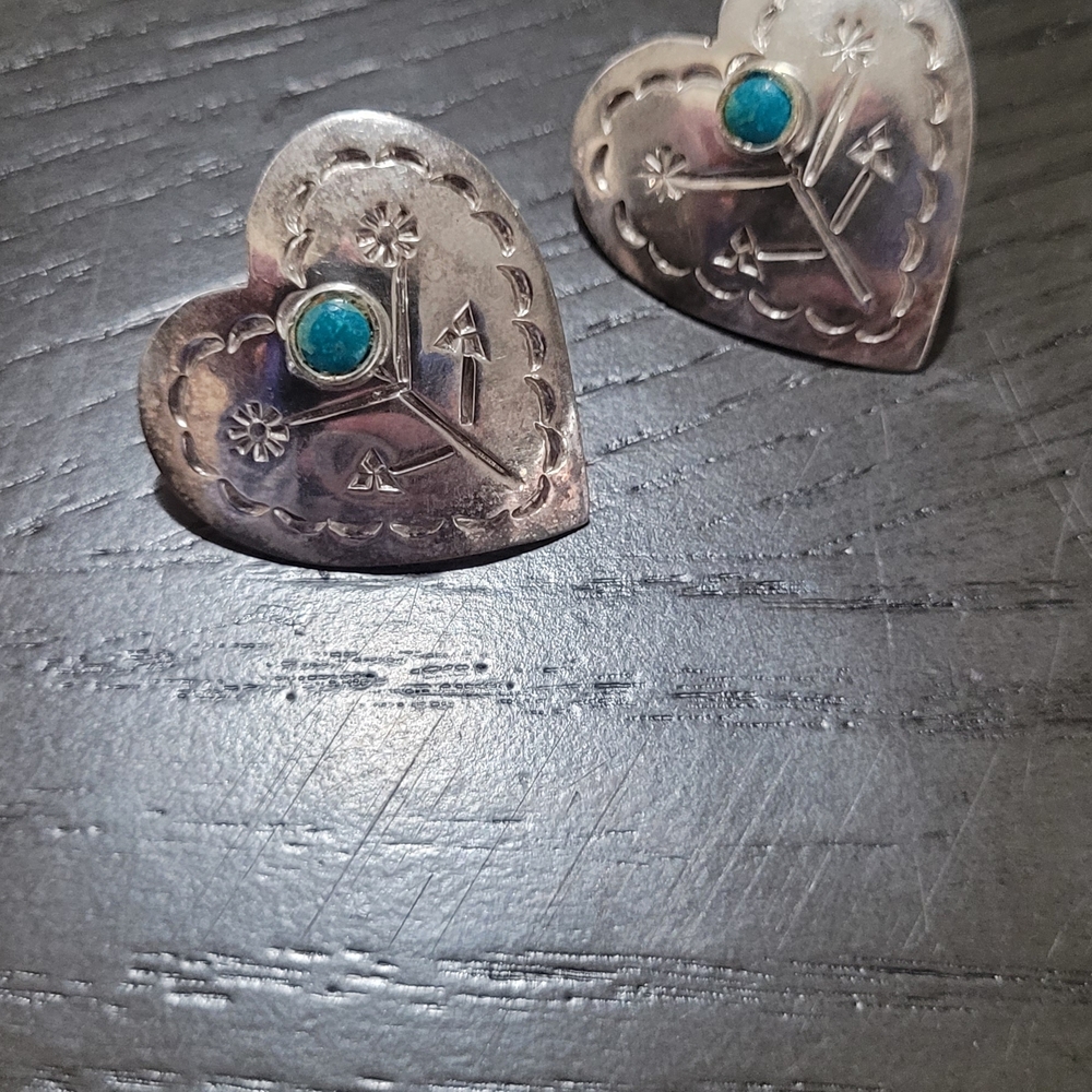 Vintage Heart-Shaped Sterling Silver Earrings with Turquoise Accent